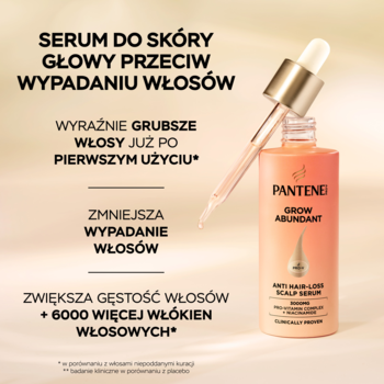 Serum Pantene Pro-V Grow Abundant przeciw wypadaniu włosów, pomarańczowa butelka z wyciągniętym kroplomierzem.