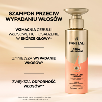 Szampon Pantene Pro-V Grow Abundant przeciw wypadaniu, butelka w odcieniach złota i brzoskwini, widok z przodu.