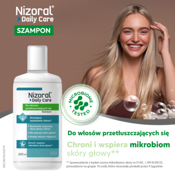 Biała butelka szamponu Nizoral Daily Care 200ml, dla włosów przetłuszczających się, wspiera mikrobiom skóry.