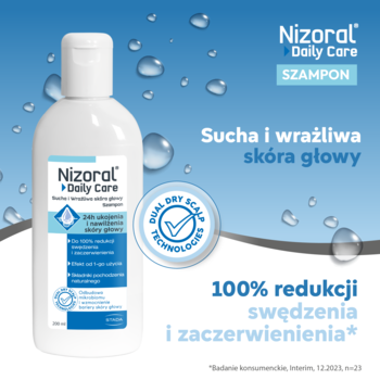 Biała butelka szamponu Nizoral Daily Care do suchej, wrażliwej skóry głowy, widok z przodu, na tle kropel wody.