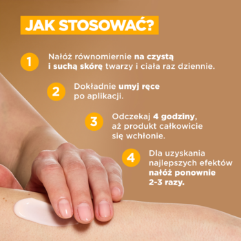 Instrukcja użycia balsamu samoopalającego Mixa Bright & Bronze: dłoń aplikuje krem na skórę, 4 kroki.