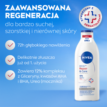 NIVEA Repair & Care balsam z 12% Urea, biała butelka na niebieskim tle. Dla suchej skóry, 72h nawilżenia.