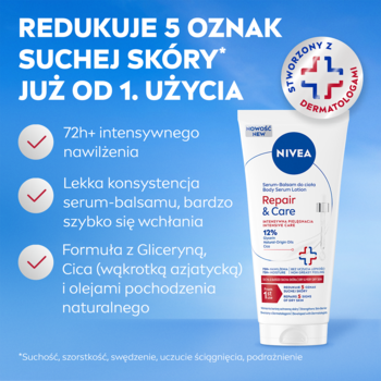 Biała tubka Nivea Repair & Care serum-balsamu z cica i gliceryną, widok pod kątem na niebieskim tle.