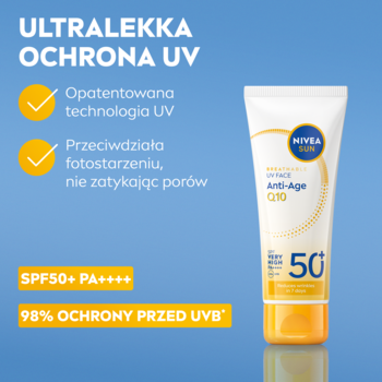 Biała tubka NIVEA SUN Q10 SPF50+, ultralekki krem do twarzy, na niebieskim tle, z hasłem 98% ochrony UVB.