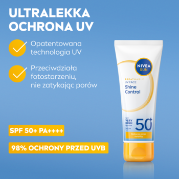 NIVEA SUN UV Face SPF 50+ Shine Control, matujący krem w białej tubce, ultralekki, widok z przodu.