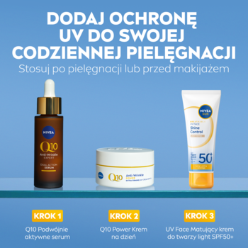Zestaw Nivea: serum Q10, krem na dzień i UV Face Matujący krem SPF50+, dodaj ochronę UV do pielęgnacji.