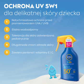 NIVEA SUN KIDS SPF50+ spray 5w1 dla dzieci, niebieska butelka z żółtym aplikatorem, na plaży.