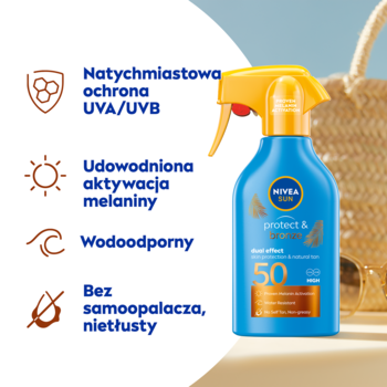 NIVEA SUN Protect & Bronze SPF 50, spray aktywujący opaleniznę, niebieska butelka, widok z przodu.