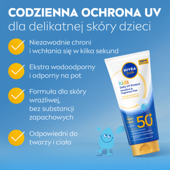 NIVEA SUN Kids Balsam do opalania SPF50+, biało-niebieska tuba, widok z przodu, do twarzy i ciała, dla dzieci.