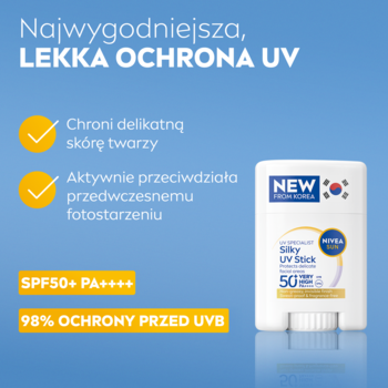 NIVEA SUN Silky UV Stick SPF50+ PA++++, biały z żółtą podstawą, lekka ochrona UV na niebieskim tle.