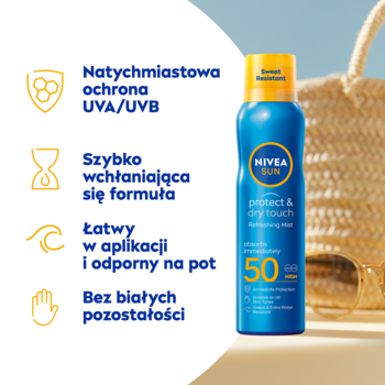 Niebieski aerozol NIVEA SUN Protect & Dry Touch SPF50, pionowo, z kluczowymi cechami na tle.