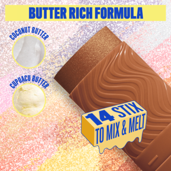 NYX Buttermelt Stix, 14 brązowych sztyftów rozświetlacza z masłem kokosowym i cupuaçu, na tle brokatu.