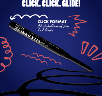 Czarny eyeliner w sztyfcie NYX Epic Inky Stix Matte na ciemnym tle z instrukcją 'Click. Click. Glide!'.