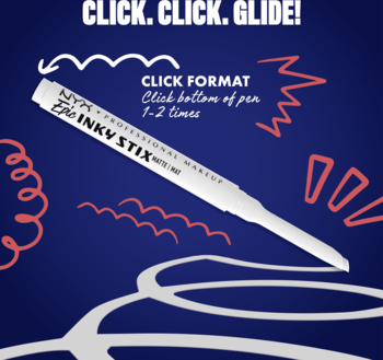 Matowy eyeliner w białym sztyfcie NYX Epic Inky Stix, na ciemnoniebieskim tle z grafiką 'CLICK. CLICK. GLIDE!'