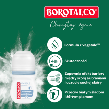 Borotalco Invisible antyperspirant w kulce na zielonym tle, z hasłami o 48h i ochronie przed plamami.