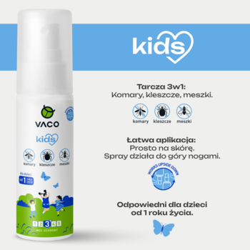 Biały spray VACO kids, ochrona przed komarami, kleszczami, meszkami, dla dzieci od 1. roku, na niebieskim tle.