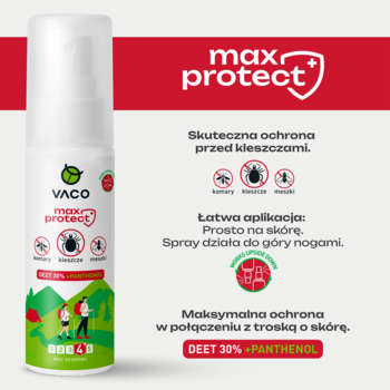Biały spray VACO max protect, DEET 30% + panthenol, z grafiką info o ochronie przed kleszczami.