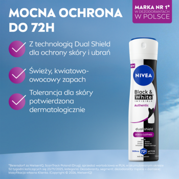 Nivea Black & White Invisible antyperspirant spray, czarno-biała butelka, 72h ochrona, widok z przodu.