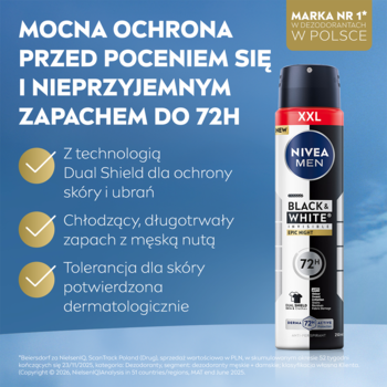 Nivea Men Black & White Invisible Antiperspirant XXL, czarny spray 72h, chroni przed plamami i poceniem.