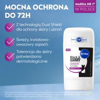 Antyperspirant Nivea Black & White 72h w białym sztyfcie, widok z przodu, ochrona przed śladami na ubraniach.