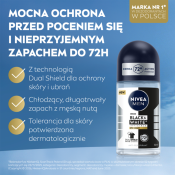 NIVEA MEN Black & White roll-on 72h, antyperspirant chroniący ubrania, na niebieskim tle.