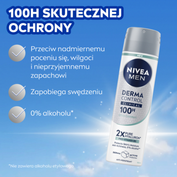 NIVEA MEN Derma Control Clinical Ultra Comfort 150ml spray na tle błękitnego nieba, butelka z przodu.