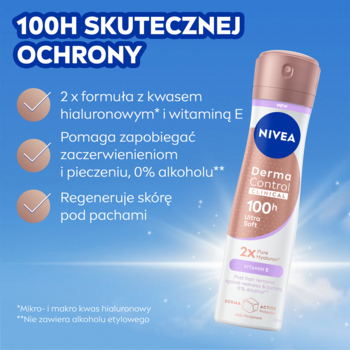 Biały NIVEA Derma Control Clinical Ultra Soft antyperspirant w sprayu, 100H ochrony z kwasem hialuronowym, widok pod kątem.