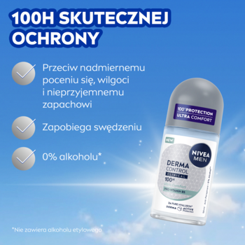 Antyperspirant NIVEA MEN Derma Control roll-on, widok pod kątem na tle błękitnego nieba. Zapewnia 100h ochrony, 0% alkoholu.