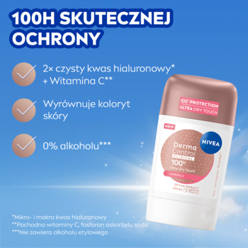 NIVEA Derma Control Clinical Ultra Dry Touch, biały antyperspirant w sztyfcie z różowym wieczkiem, 100H ochrony.