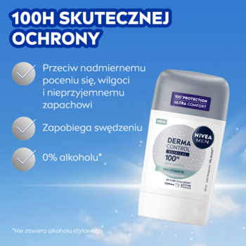 Antyperspirant NIVEA MEN Derma Control Clinical Ultra Comfort sztyft, 100H ochrony, 0% alkoholu, widok pod kątem na tle nieba.