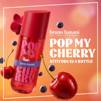 Bruno Banani Pop My Cherry mgiełka, czerwona butelka z wiśniami, jagodami i orchideą na gradientowym tle.