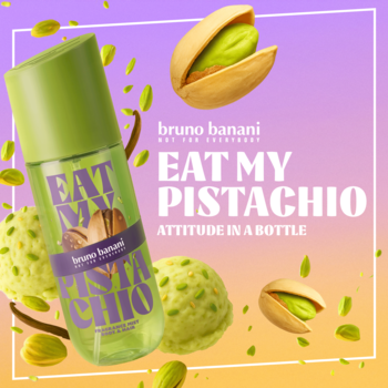Transparentna zielona mgiełka Bruno Banani Eat My Pistachio do ciała i włosów, z pistacjami.