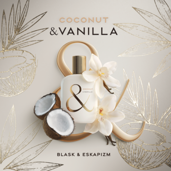 Flakon perfum & Vanilla Coconut dla kobiet, z wanilią i kokosem, na beżowym tle ze złotymi detalami.