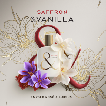 Perfumy Saffron & Vanilla, biała butelka z logo '&', szafran i kwiaty wanilii na tle złotej grafiki.