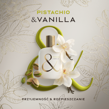 Woda perfumowana &Vanilla Pistachio: biała butelka ze złotym logo, pistacjami, wanilią i zielonym symbolem &.