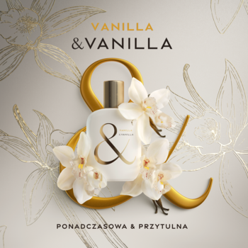 &Vanilla Vanilla woda perfumowana w białej butelce ze złotym '&', otoczona orchideami, z nutami wanilii.