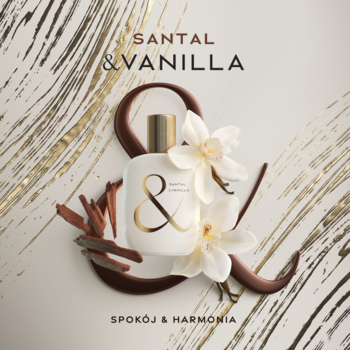 Woda perfumowana &Vanilla Santal dla kobiet. Biała butelka ze złotym logo, waniliowe kwiaty i sandałowiec na marmurze.