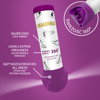 Fioletowy dezodorant do butów SNEAKERHEAD DEO 360° z jonami srebra, widok pod kątem, strumień sprayu.