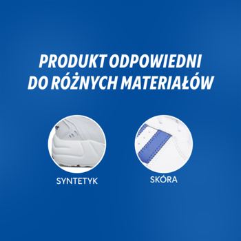 Grafika: produkt do czyszczenia butów odpowiedni do syntetyku i skóry, zbliżenia materiałów.
