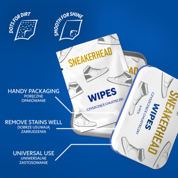 Sneakerhead Wipes, dwa białe opakowania chusteczek do butów z rysunkiem sneakersa, na niebieskim tle.