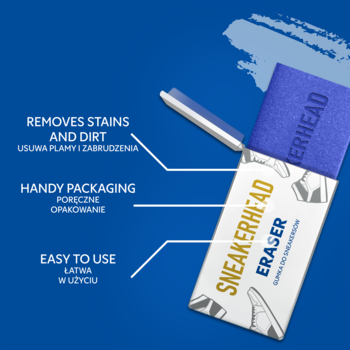 Niebieska gumka SNEAKERHEAD ERASER do czyszczenia butów, częściowo wysunięta z białego pudełka na niebieskim tle.