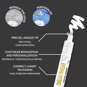 Biały marker Sneakerhead z precyzyjną, ściętą końcówką do renowacji i personalizacji obuwia, widok z bliska.