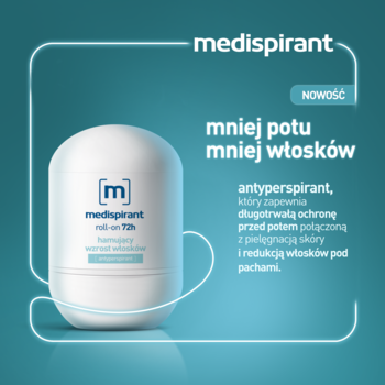 Medispirant roll-on 72h, biały antyperspirant na pot i włoski, z niebieskimi detalami, widok z przodu.