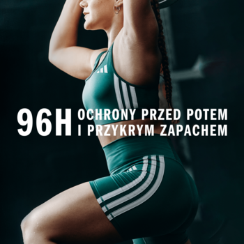 Kobieta w zielonym stroju sportowym adidas ćwiczy; tekst "96H ochrony przed potem" reklamuje Adidas Max-Dry.