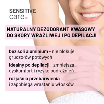 Nivelazione Sensitive Care: naturalny dezodorant kwasowy, tekst z zaletami na tle skóry pod pachą.