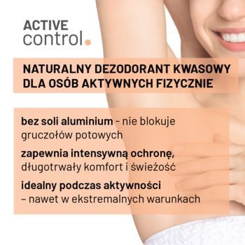 Kobieta z podniesioną ręką, obok tekst: Naturalny dezodorant kwasowy Nivelazione Active Control bez aluminium.