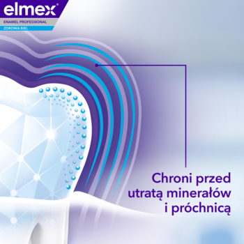 elmex Enamel Professional pasta, grafika zęba chronionego barierą. Tekst: Chroni przed utratą minerałów i próchnicą.