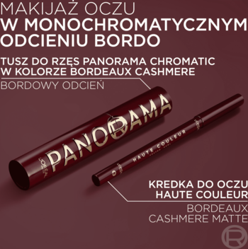 Bordowy tusz Panorama Chromatic i kredka Haute Couleur Bordeaux Cashmere Matte, z napisami, na tle w tym samym odcieniu.