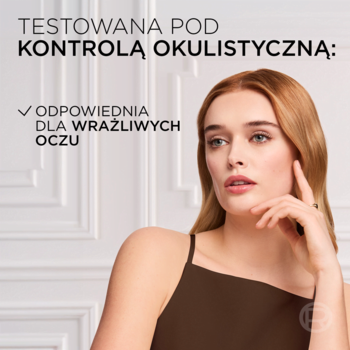 Młoda kobieta z wyrazistymi oczami. Tekst: Mascara L'Oreal Panorama, testowana okulistycznie, dla wrażliwych oczu.