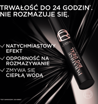 L'Oréal Paradise Big Deal, czarny tusz do rzęs z różowo-złotymi detalami, zapewniający 24h trwałość i brak rozmazywania.